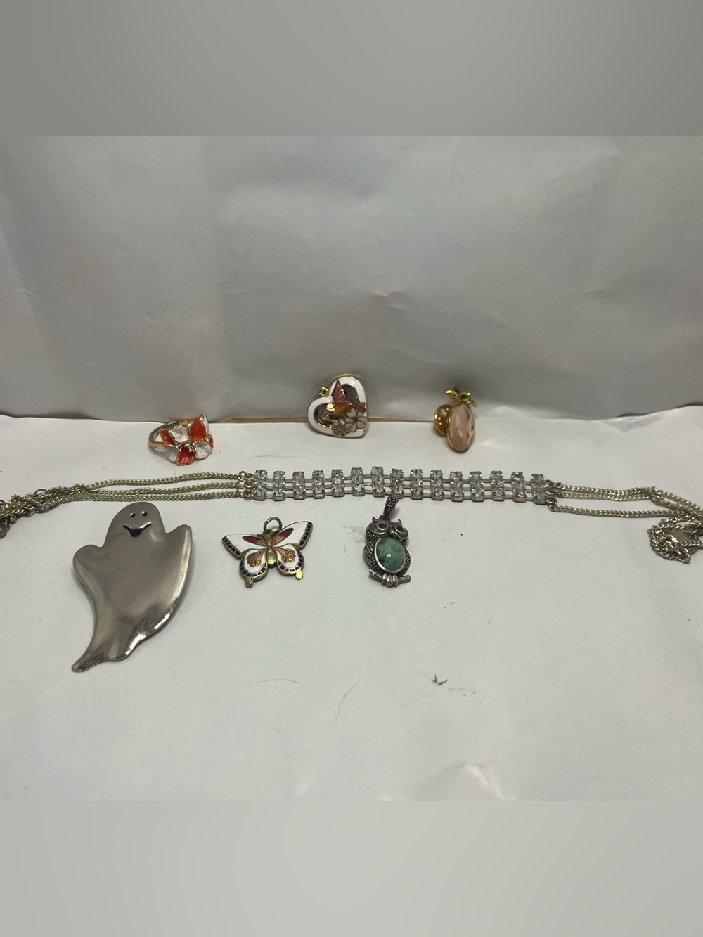 Jewelry lot ghost pin size 8 ring pineapple pin choker pendants